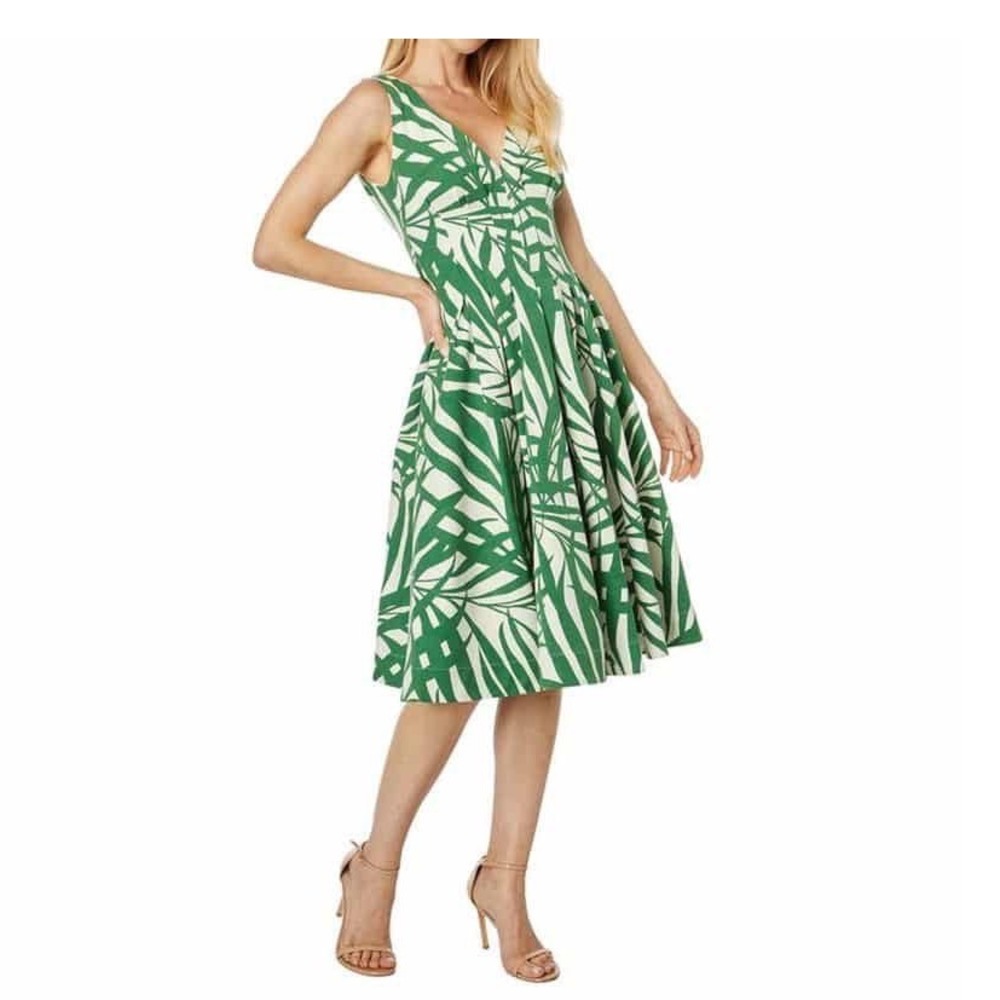 Kate Spade Palm Fronds Amelia Sz 12 Skater Dress Green Sleeveless V-Neck Pleated - Picture 8 of 11